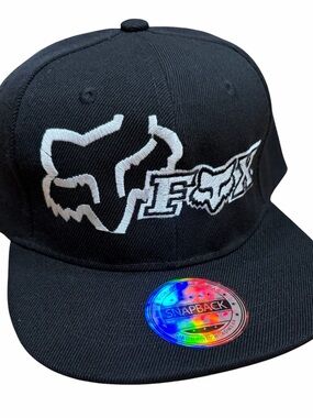 Fox Black Snapback Hat with White Embroidered Logo Fox racing hat Black Fox hat
